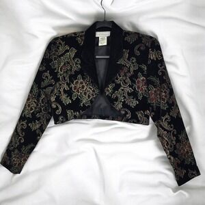 Vintage 80s Scott McClintock Black Brocade Velvet Cropped Bolero Jacket Size 4